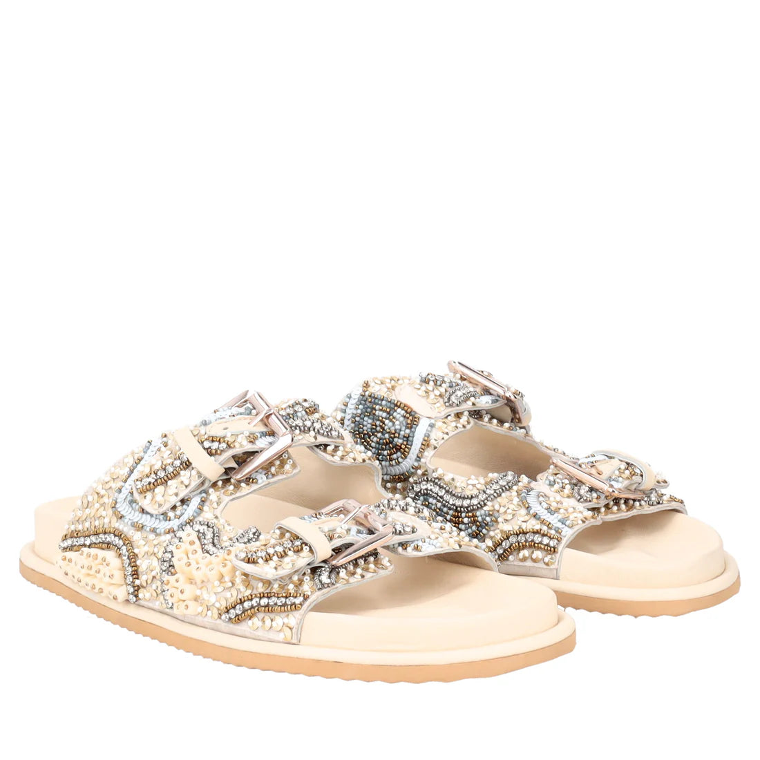 SANDALO TENERIFE TOSCA BLU CON PERLINE E FIBBIE BEIGE