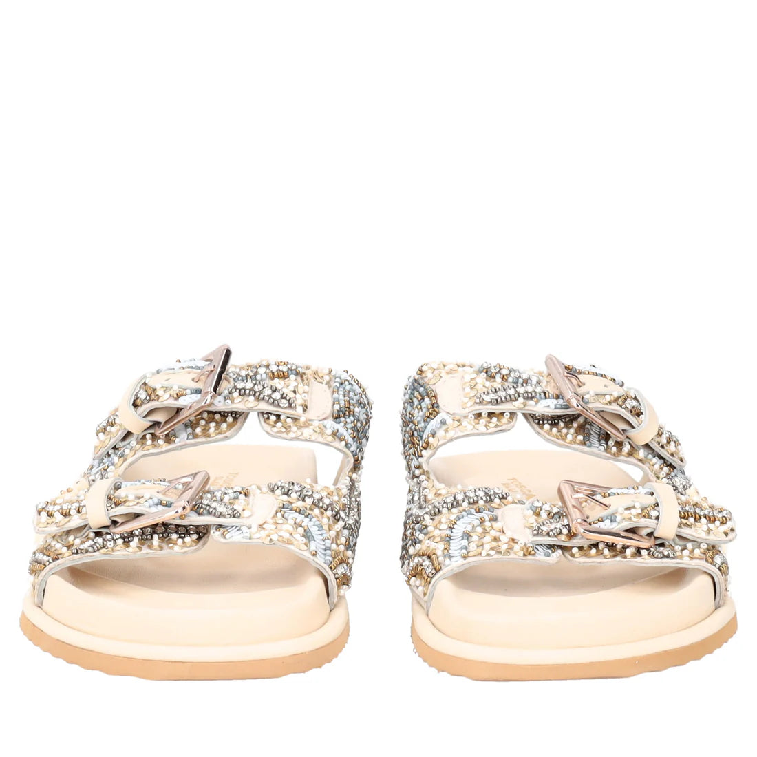 SANDALO TENERIFE TOSCA BLU CON PERLINE E FIBBIE BEIGE