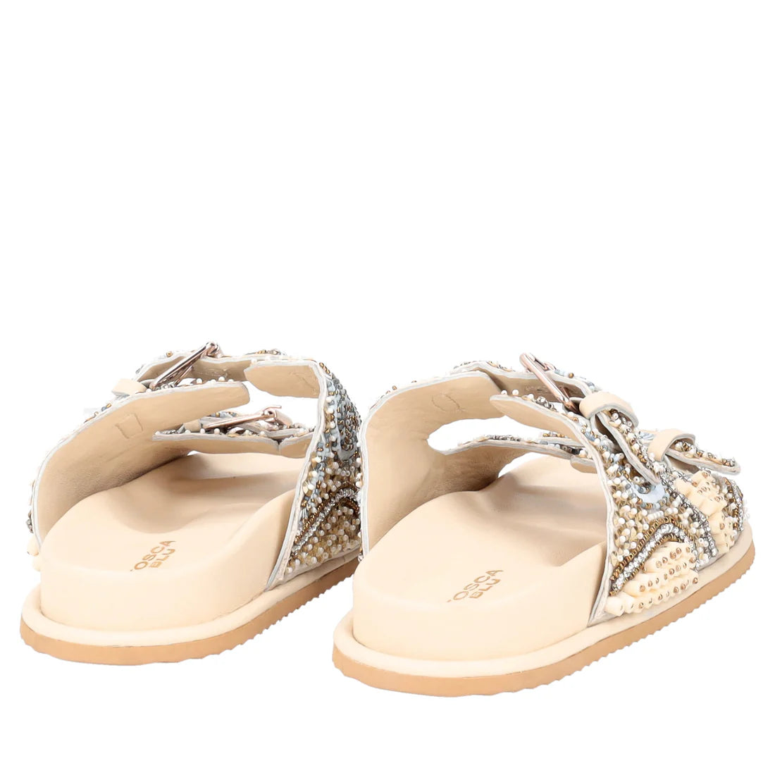 SANDALO TENERIFE TOSCA BLU CON PERLINE E FIBBIE BEIGE