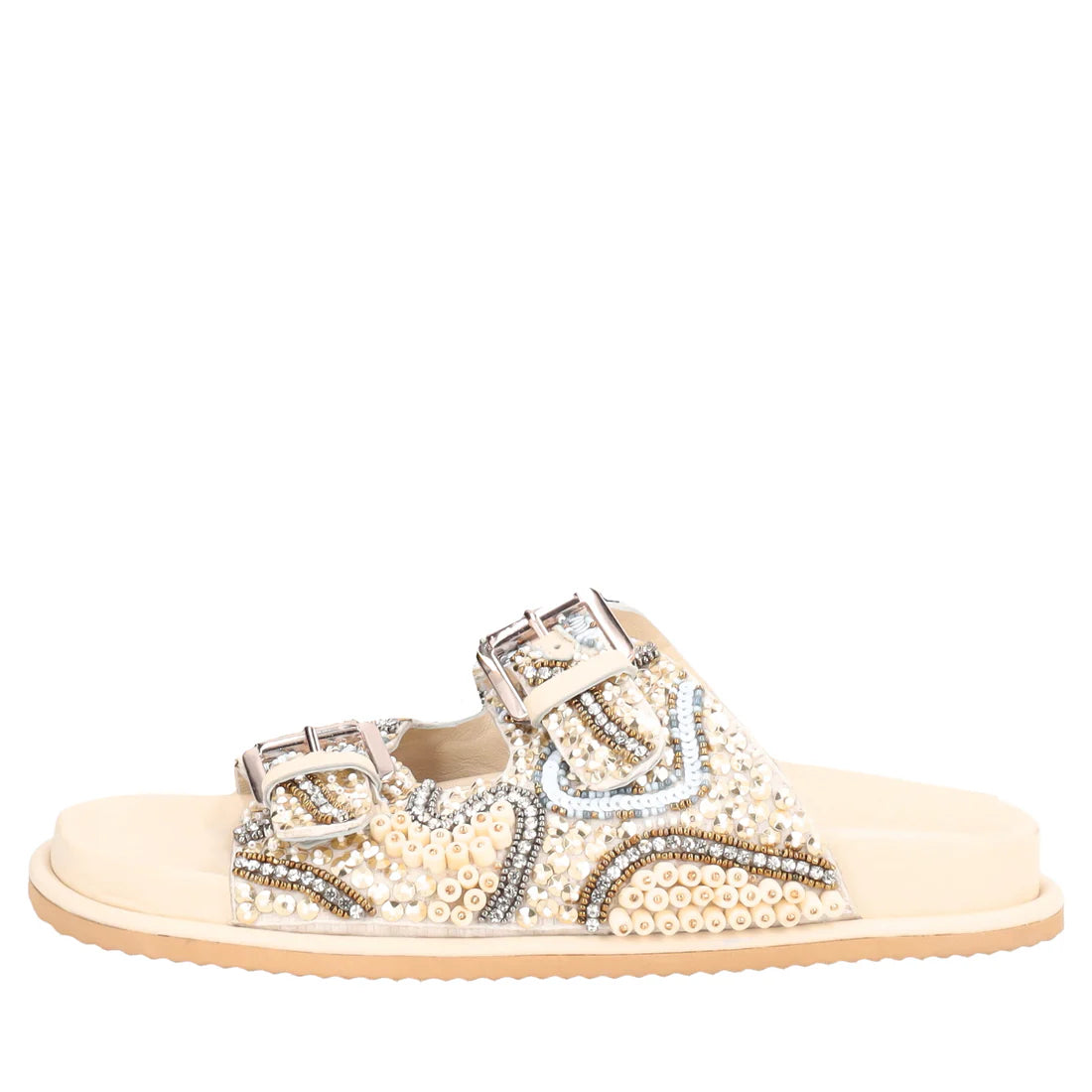 SANDALO TENERIFE TOSCA BLU CON PERLINE E FIBBIE BEIGE