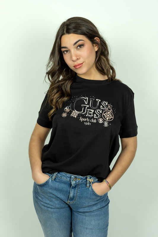 T-SHIRT GUESS NERA SCRITTA RICAMI