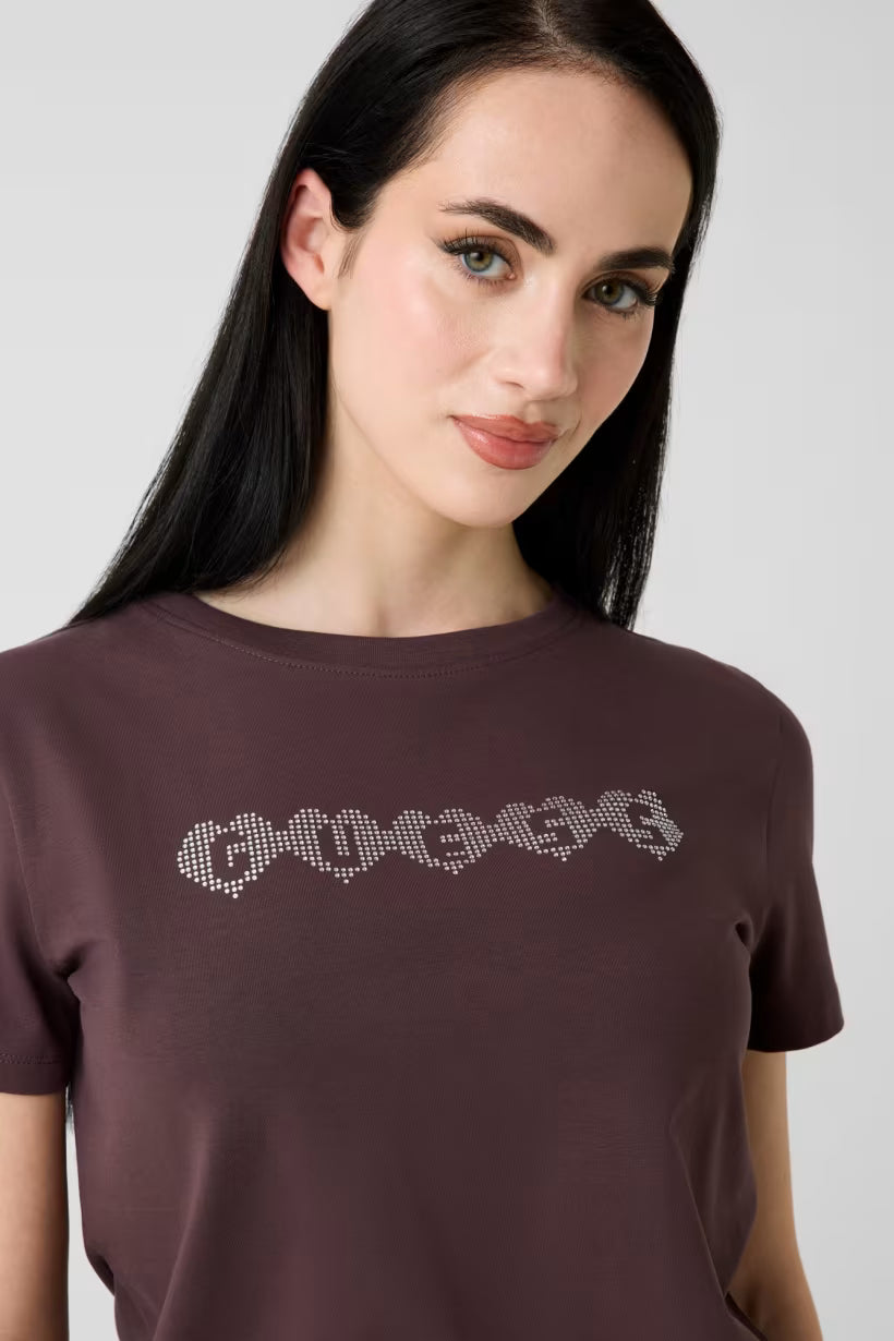T-SHIRT CON LOGO IN STRASS GUESS MARRONE