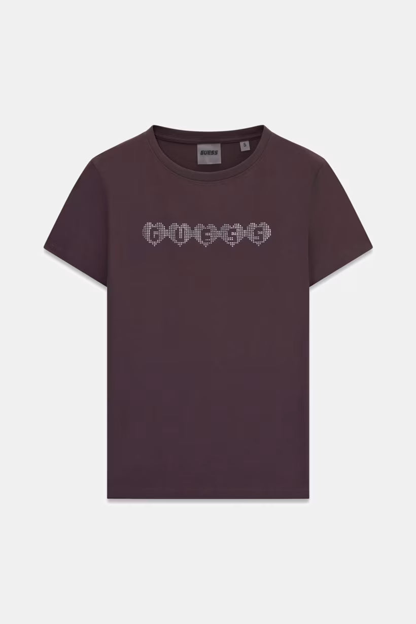 T-SHIRT CON LOGO IN STRASS GUESS MARRONE