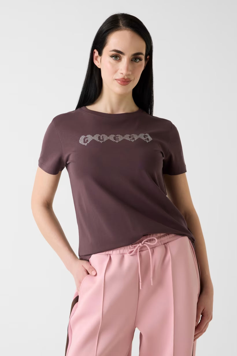 T-SHIRT CON LOGO IN STRASS GUESS MARRONE