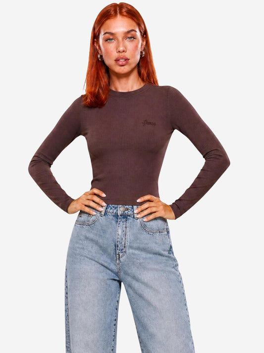 MAGLIA GUESS COFFEE CHARA LONG SLEEVE KNIT TOP
